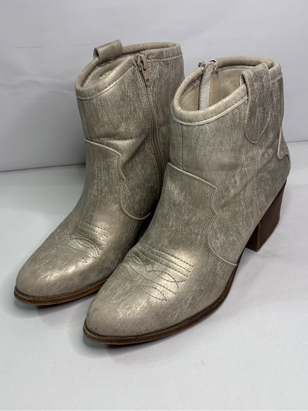 Metallic Champagne Gold Cowboy Ankle Boots Block Heel Rodeo Boho Coastal Cowgirl